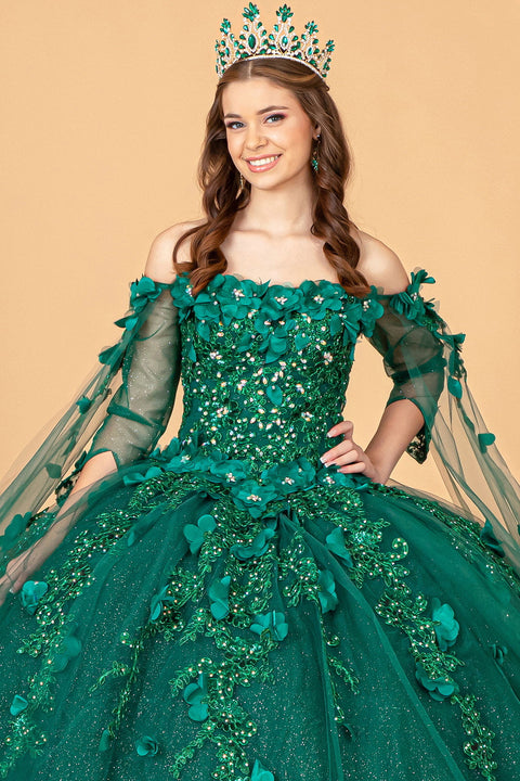 Cape Sleeve with 3D Floral Ball Gown by Elizabeth K GL3075