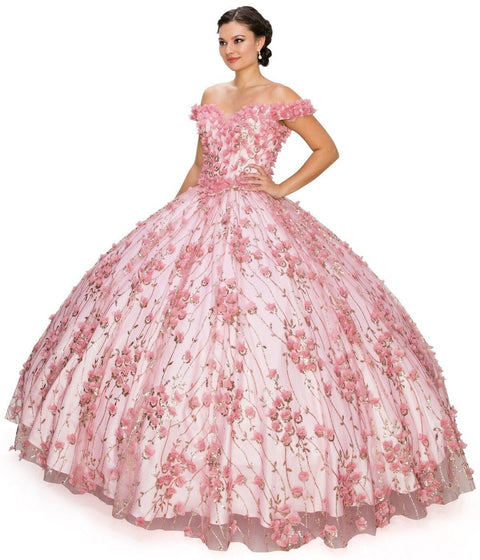 Off Shoulder 3D Floral Ball Gown by Cinderella Couture 8021J