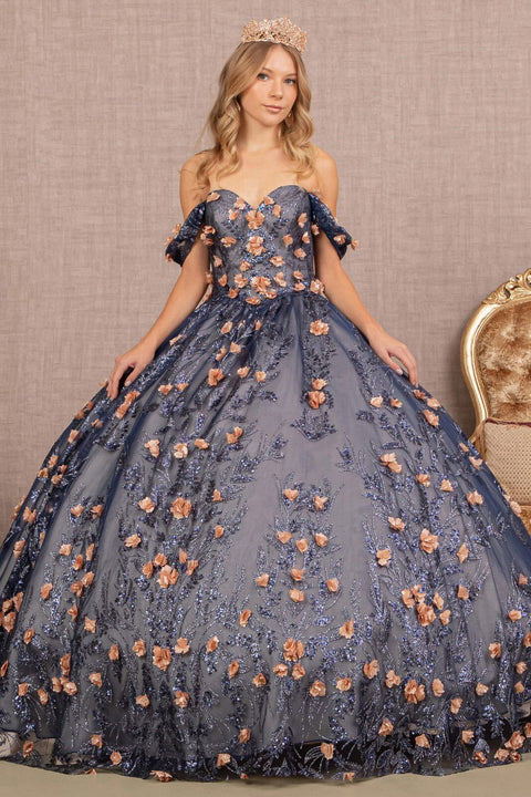 Off Shoulder 3D Floral Glitter Ball Gown by Elizabeth K GL3106