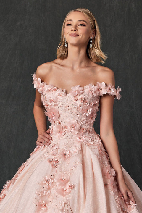 Glitter Ball Gown with 3D Floral Off Shoulder by Juliet 1433