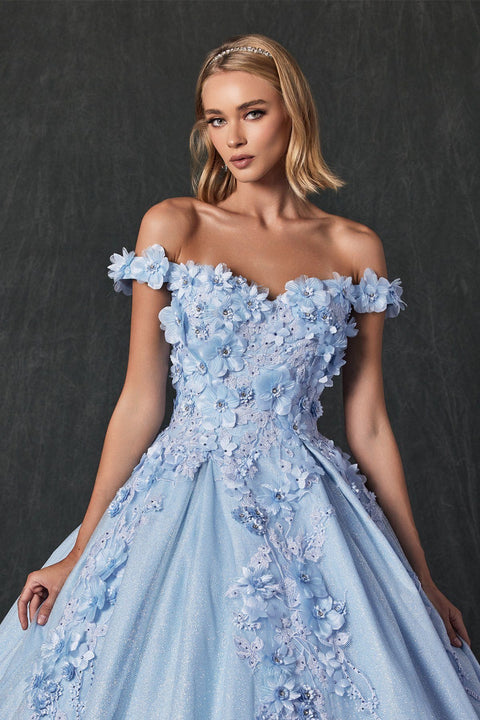Glitter Ball Gown with 3D Floral Off Shoulder by Juliet 1433