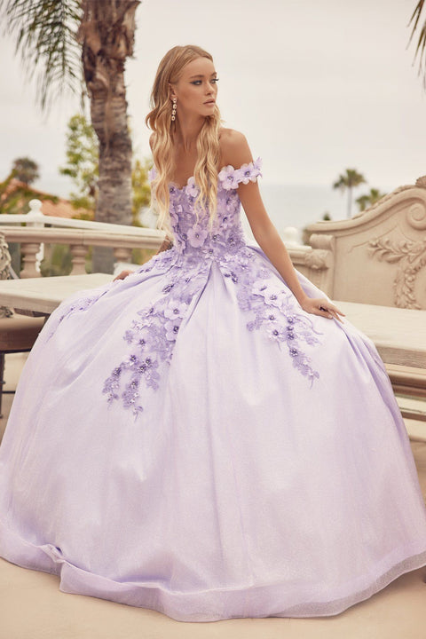 Glitter Ball Gown with 3D Floral Off Shoulder by Juliet 1433