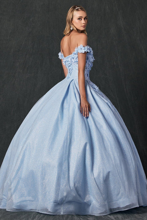 Glitter Ball Gown with 3D Floral Off Shoulder by Juliet 1433