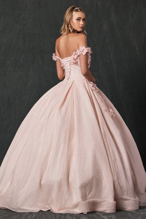 Glitter Ball Gown with 3D Floral Off Shoulder by Juliet 1433