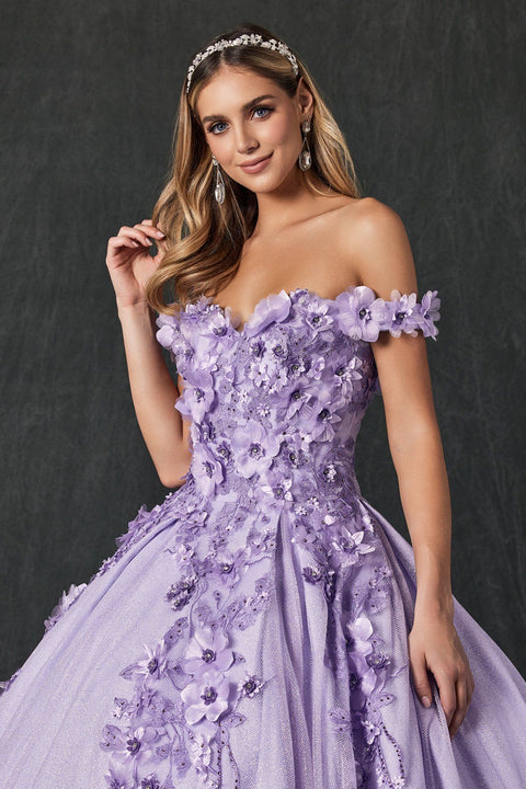 Glitter Ball Gown with 3D Floral Off Shoulder by Juliet 1433