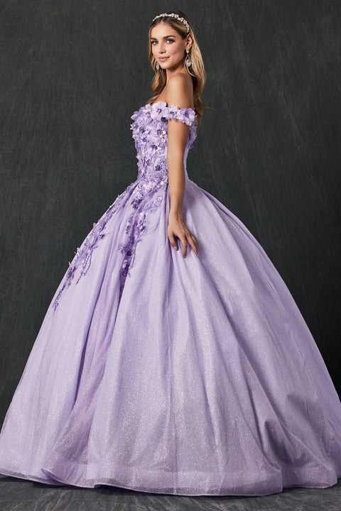 Glitter Ball Gown with 3D Floral Off Shoulder by Juliet 1433