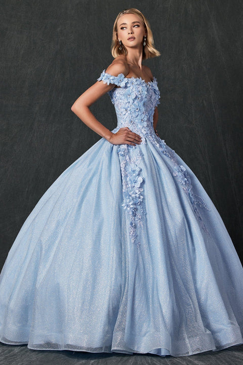 Glitter Ball Gown with 3D Floral Off Shoulder by Juliet 1433