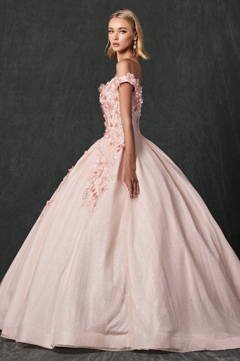 Glitter Ball Gown with 3D Floral Off Shoulder by Juliet 1433