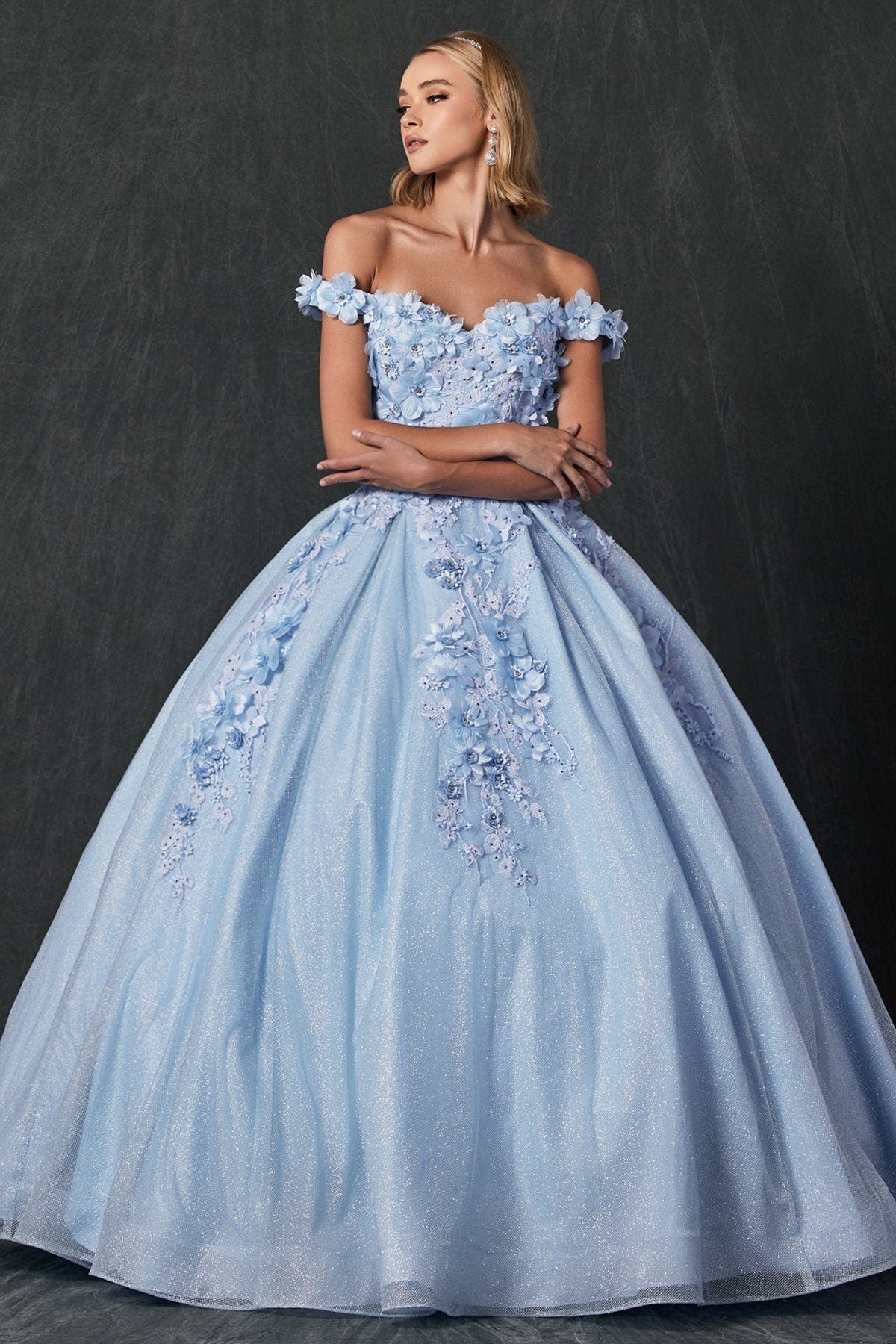 Glitter Ball Gown with 3D Floral Off Shoulder by Juliet 1433 sheerdreamz Glitter Ball Gown with 3D Floral Off Shoulder by Juliet 1433 sheerdreamz