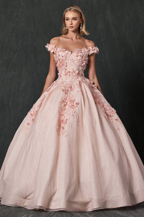 Glitter Ball Gown with 3D Floral Off Shoulder by Juliet 1433