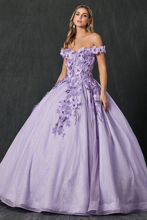 Glitter Ball Gown with 3D Floral Off Shoulder by Juliet 1433