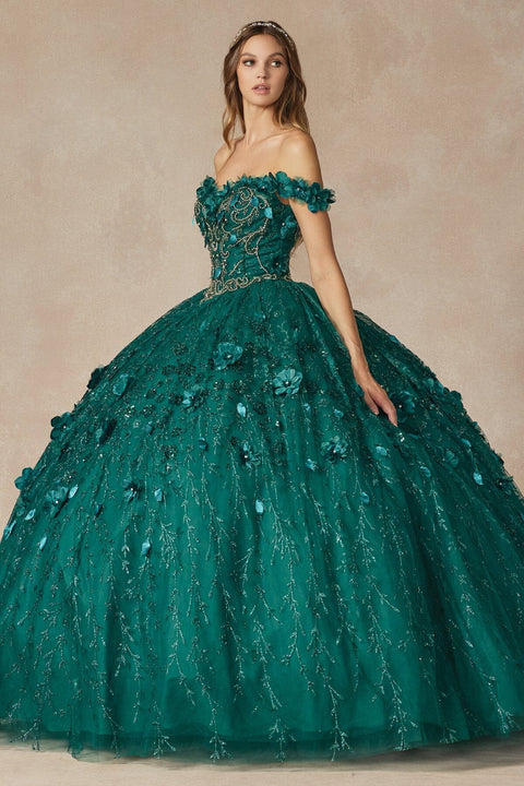 Off Shoulder Glittery with 3D Floral Ball Gown by Juliet 1443