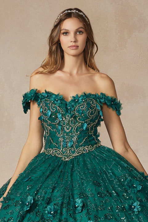 Off Shoulder Glittery with 3D Floral Ball Gown by Juliet 1443