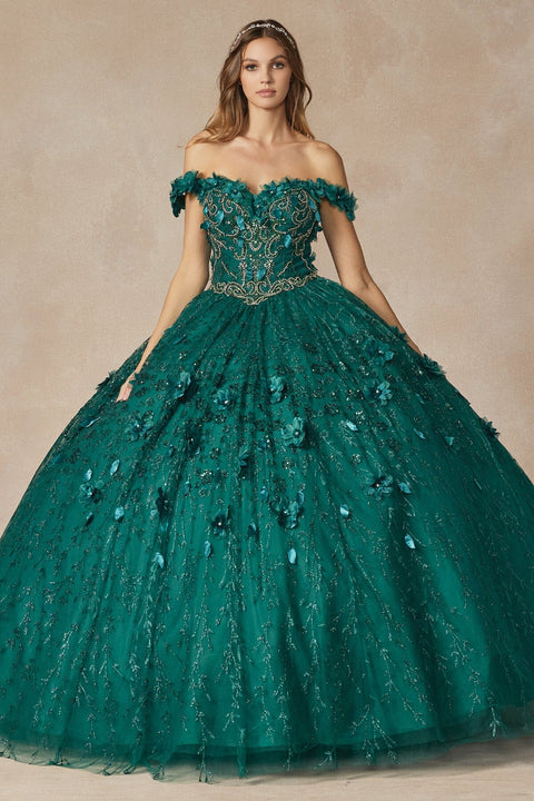 Off Shoulder Glittery with 3D Floral Ball Gown by Juliet 1443