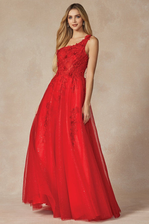 Juliet 298: A-line Gown with 3D Floral Detailing and One-Shoulder Design