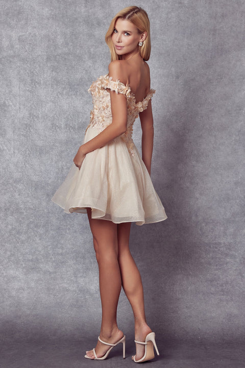 The Juliet 861 is a captivating 3D floral short off-shoulder dress