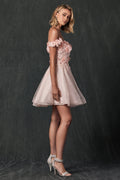 The Juliet 861 is a captivating 3D floral short off-shoulder dress