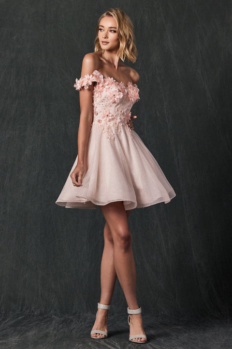 The Juliet 861 is a captivating 3D floral short off-shoulder dress