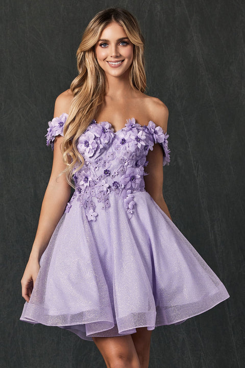 The Juliet 861 is a captivating 3D floral short off-shoulder dress