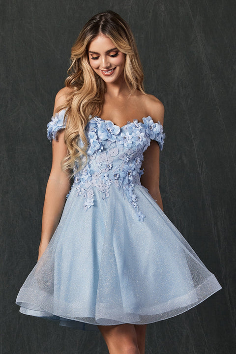 The Juliet 861 is a captivating 3D floral short off-shoulder dress