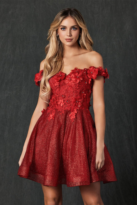The Juliet 861 is a captivating 3D floral short off-shoulder dress