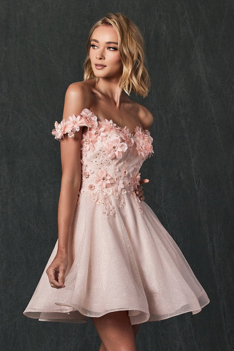 The Juliet 861 is a captivating 3D floral short off-shoulder dress