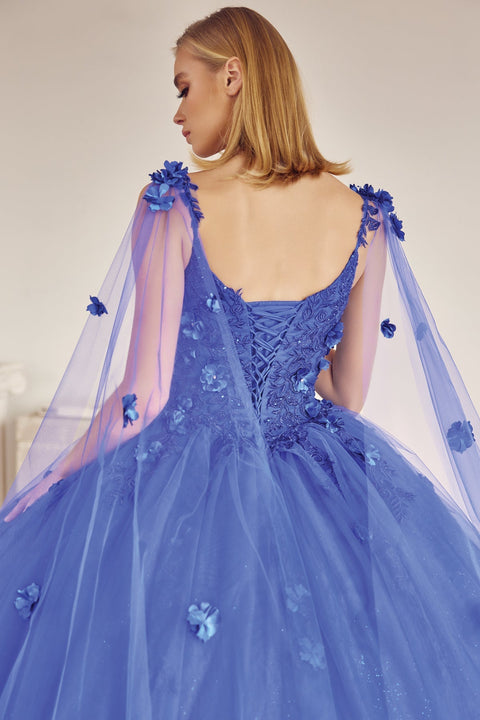 Floral Sleeveless Cape Ball Gown in 3D by Juliet 1436