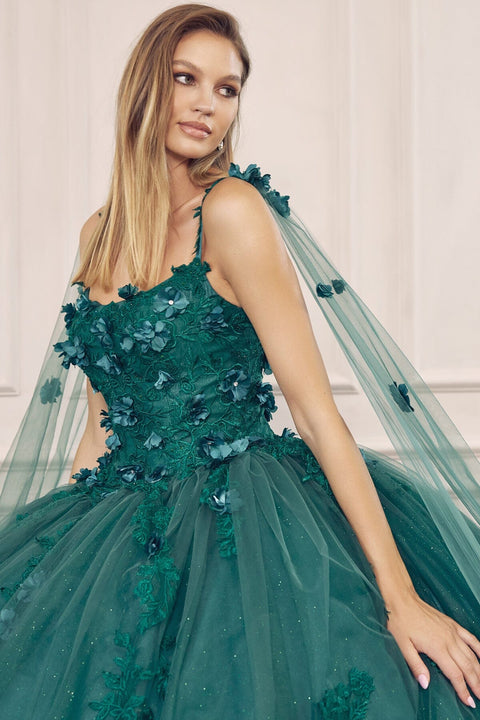 Floral Sleeveless Cape Ball Gown in 3D by Juliet 1436
