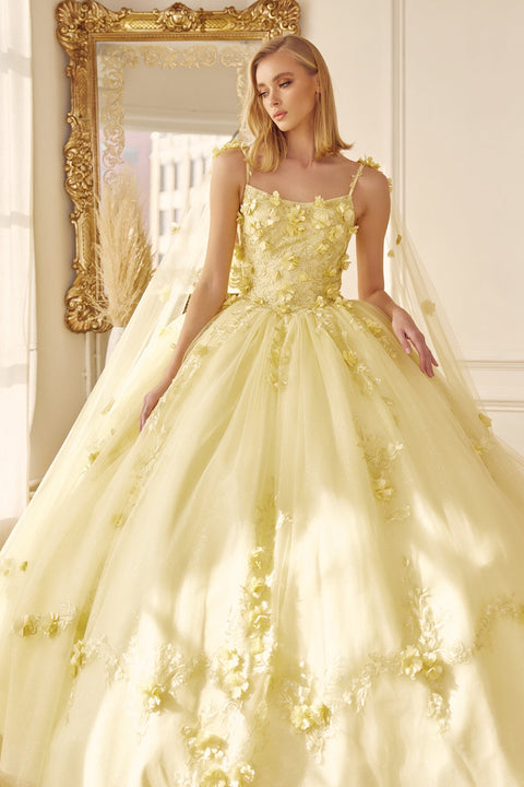 Floral Sleeveless Cape Ball Gown in 3D by Juliet 1436