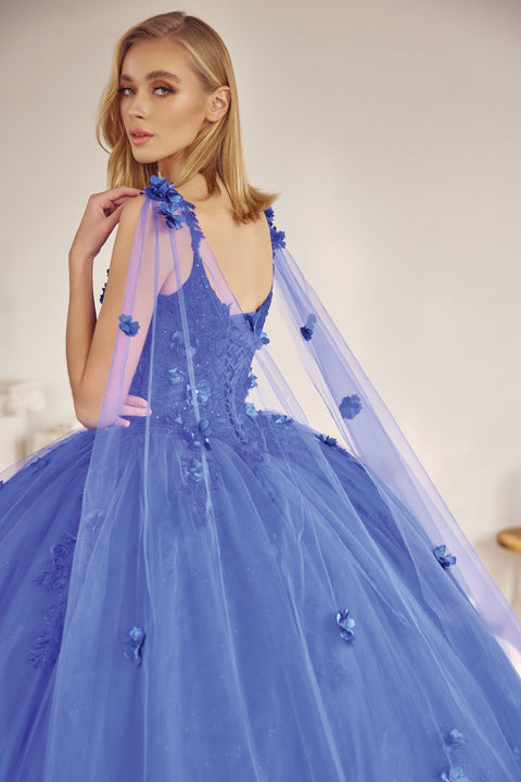 Floral Sleeveless Cape Ball Gown in 3D by Juliet 1436