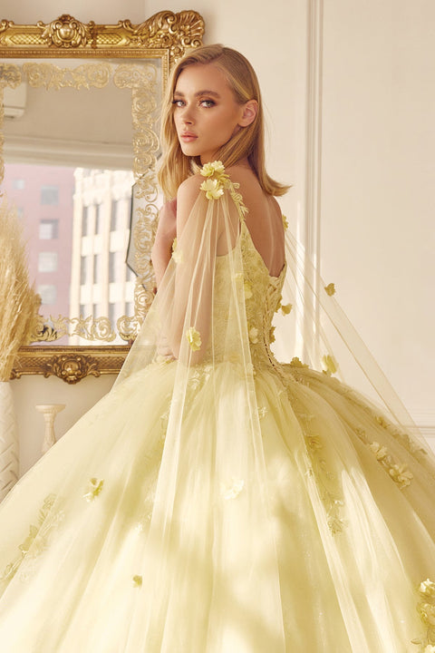Floral Sleeveless Cape Ball Gown in 3D by Juliet 1436
