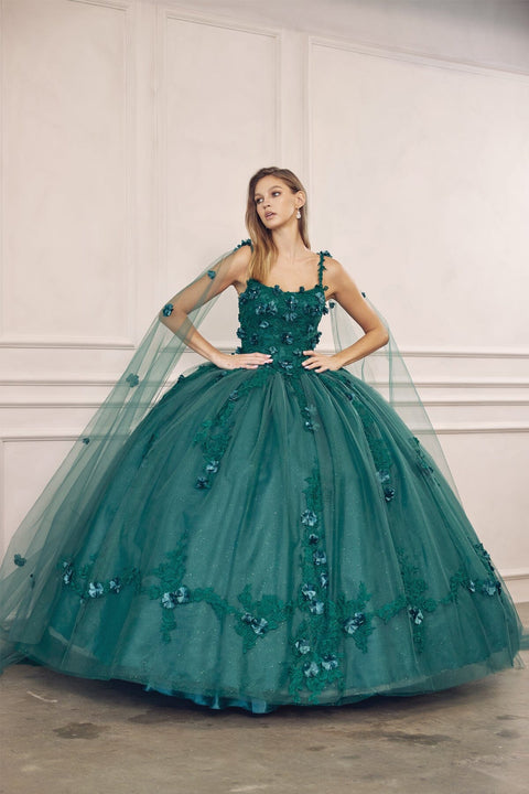 Floral Sleeveless Cape Ball Gown in 3D by Juliet 1436