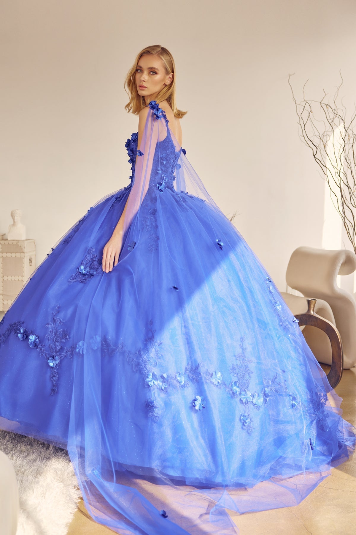 Floral Sleeveless Cape Ball Gown in 3D by Juliet 1436– sheerdreamz