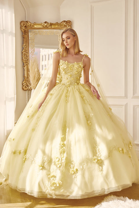 Floral Sleeveless Cape Ball Gown in 3D by Juliet 1436