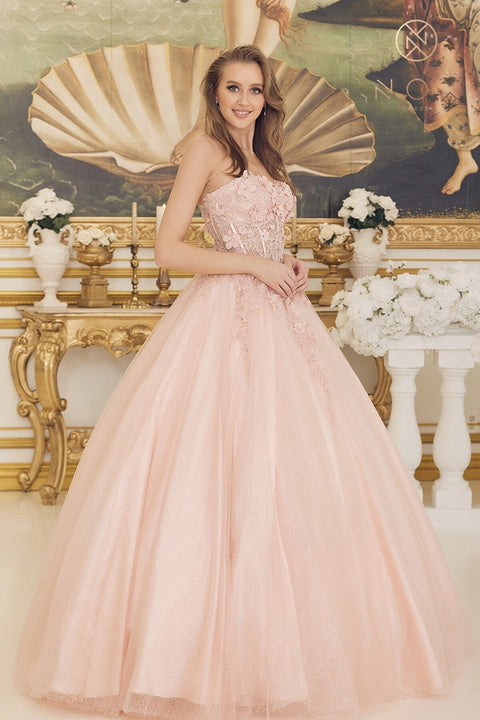Nox Anabel CU1192: Strapless Ball Gown with 3D Floral Appliques