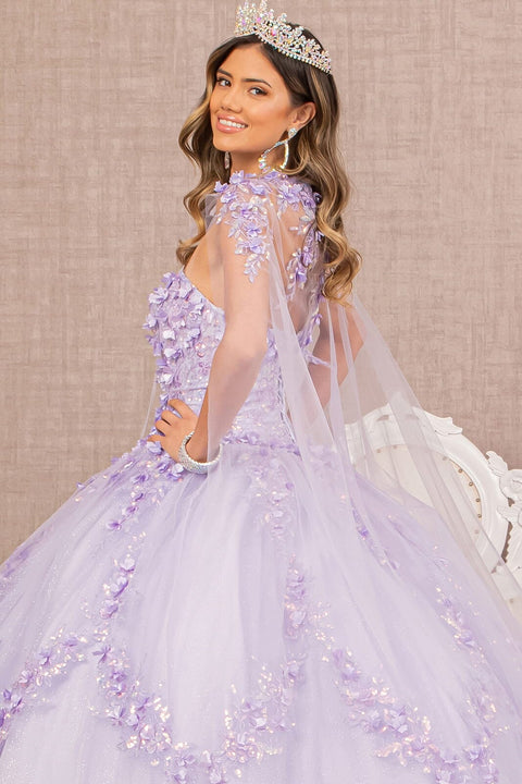 Elizabeth K GL3103: Strapless Cape Ball Gown with 3D Floral Appliques