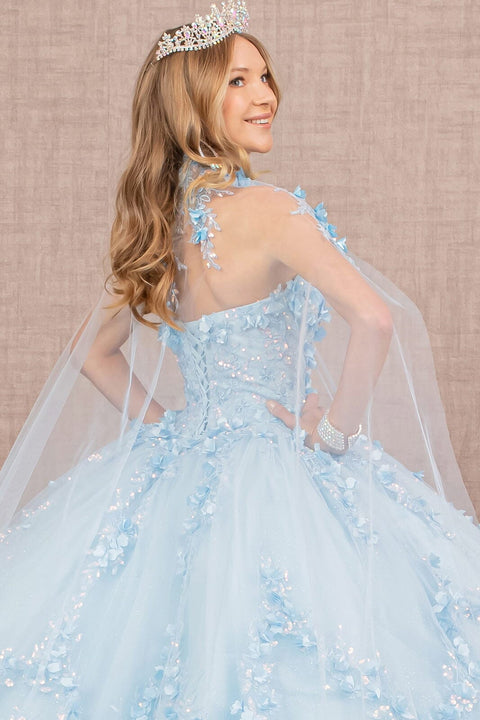 Elizabeth K GL3103: Strapless Cape Ball Gown with 3D Floral Appliques