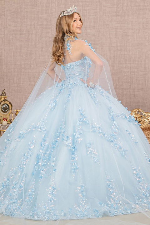 Elizabeth K GL3103: Strapless Cape Ball Gown with 3D Floral Appliques