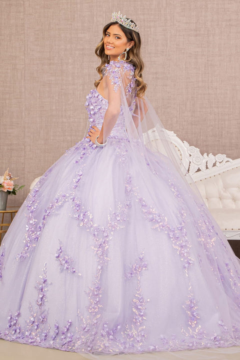 Elizabeth K GL3103: Strapless Cape Ball Gown with 3D Floral Appliques