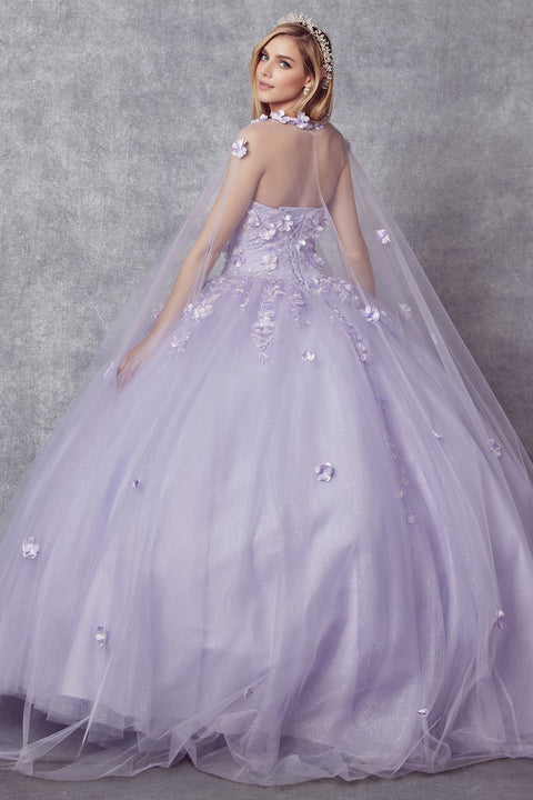 Floral Strapless Cape Ball Gown in 3D by Juliet 1435