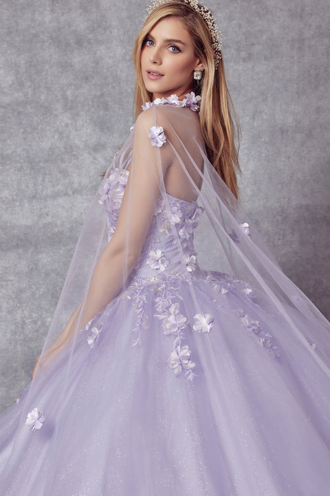 Floral Strapless Cape Ball Gown in 3D by Juliet 1435