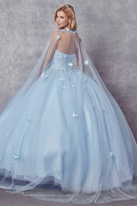 Floral Strapless Cape Ball Gown in 3D by Juliet 1435