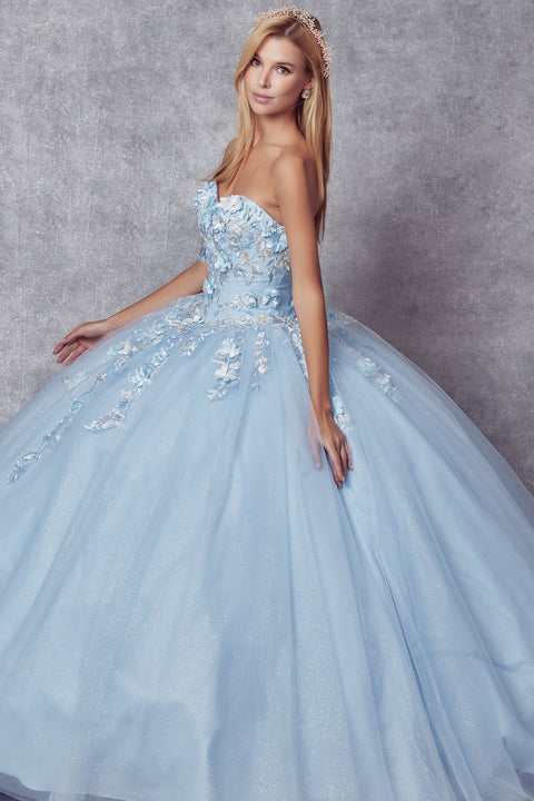 Floral Strapless Cape Ball Gown in 3D by Juliet 1435