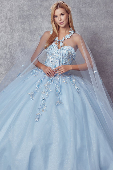 Floral Strapless Cape Ball Gown in 3D by Juliet 1435