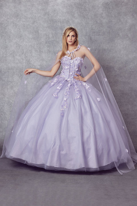 Floral Strapless Cape Ball Gown in 3D by Juliet 1435