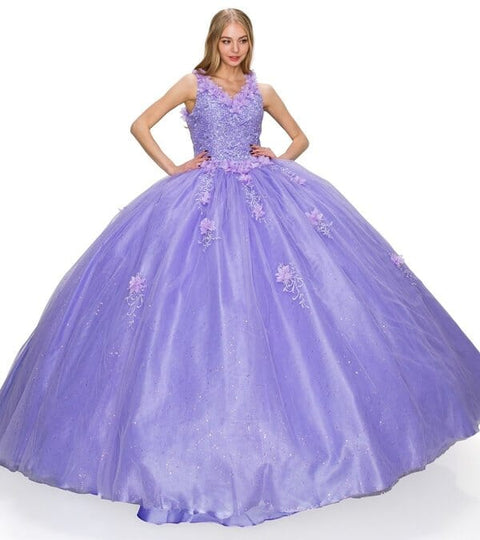 V-Neck 3D Floral  Ball Gown by Cinderella Couture 8025J