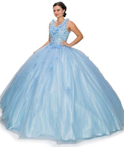 V-Neck 3D Floral  Ball Gown by Cinderella Couture 8025J