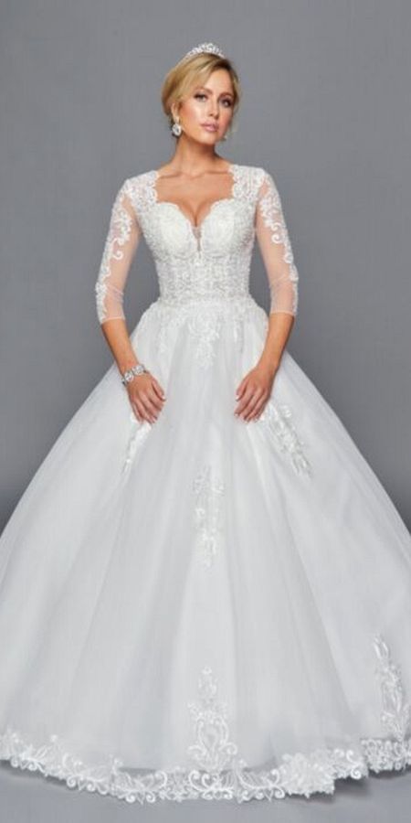 White Lovely La Bridal 436 Mid-Length Sleeve A-Line Wedding Gown V-Neckline Beaded Lace