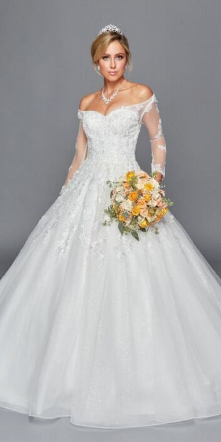 White Lovely La Bridal 437 Long Sleeve A-Line Wedding Gown Off Shoulder Beaded Lace