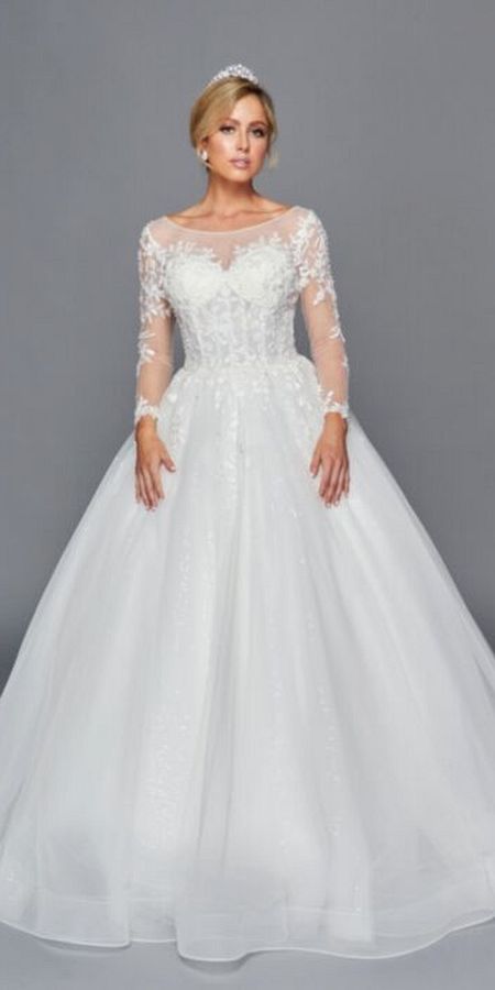 White Lovely La Bridal 442 Long Sleeve A-Line Wedding Gown Boat Neckline Beaded Lace